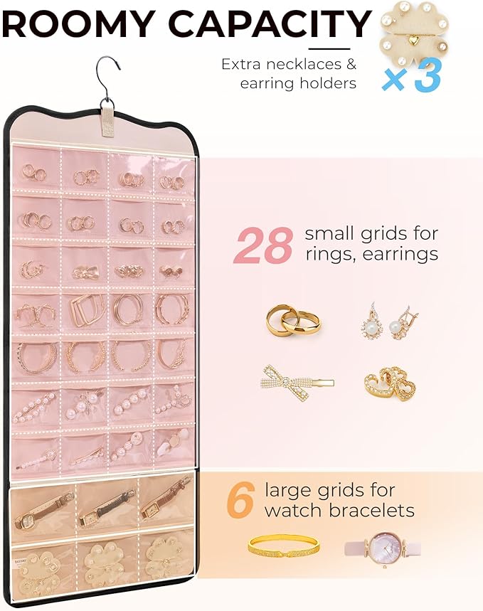 BAGSMART Hanging Jewelry Organizer Storage with Hanger Metal Hooks Double-Sided Jewelry Holder for Earrings, Necklaces, Rings on Closet, Wall, Door, 1 piece Large Black