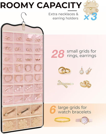BAGSMART Hanging Jewelry Organizer Storage with Hanger Metal Hooks Double-Sided Jewelry Holder for Earrings, Necklaces, Rings on Closet, Wall, Door, 1 piece Large Black