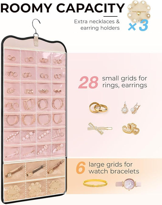 BAGSMART Hanging Jewelry Organizer Storage with Hanger Metal Hooks Double-Sided Jewelry Holder for Earrings, Necklaces, Rings on Closet, Wall, Door, 1 piece Large Black