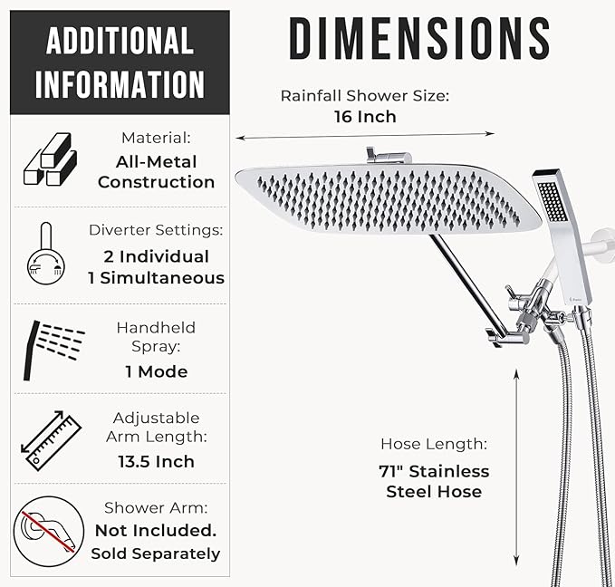 G-Promise All Metal 16 Inch Dual Square Shower Head with Handheld Spray Combo, Rain Shower Head, Adjustable Extension Arm, 3-Way Diverter, 71 Inch Extra Long Hose - A Bathroom Upgrade (Chrome)