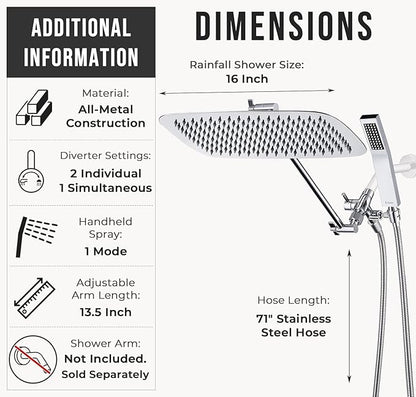 G-Promise All Metal 16 Inch Dual Square Shower Head with Handheld Spray Combo, Rain Shower Head, Adjustable Extension Arm, 3-Way Diverter, 71 Inch Extra Long Hose - A Bathroom Upgrade (Chrome)