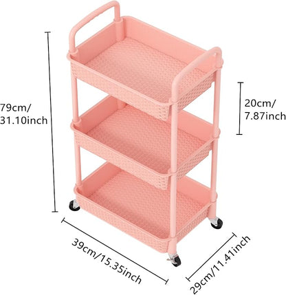 MOYIPIN 3-Tier Plastic Rolling Utility Cart with Handle,Utility Storage Cart for Office, Living Room, Kitchen,Movable Storage Organizer Shelves,Pink