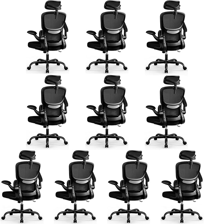 High Back Ergonomic Office Chair, Breathable Mesh Desk Chair with Lumbar Support, Adjustable Headrest, Flip-up Armrests, Computer Gaming Chair, (Black, 10Pack)
