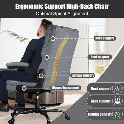 Ergonomic Office Chair with Flip-up Armrests 300lbs,Middle-Tall Computer Office Desk Chair with Lumbar Support,Executive PU Leather Chair with Rocking Function Adjustable Height for Home Office