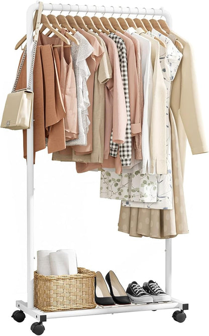 Clothes Rack - Clothing Rack with Storage Mesh Shelf & Casters, Heavy-Duty Metal Clothing Rack for Hanging Clothes, Dresses, Coats, Large Load Capacity, Easy Assembly, White, 28.0"x16.9"x59.0"