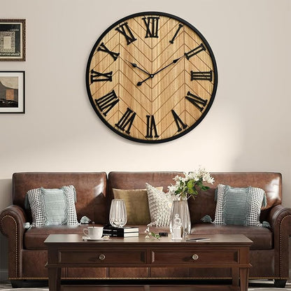 EMAX HOME 24 Inch Large Wall Clock Farmhouse Style - Brown Silent Non-Ticking Rustic Decor for Living Room, Kitchen, Bedroom