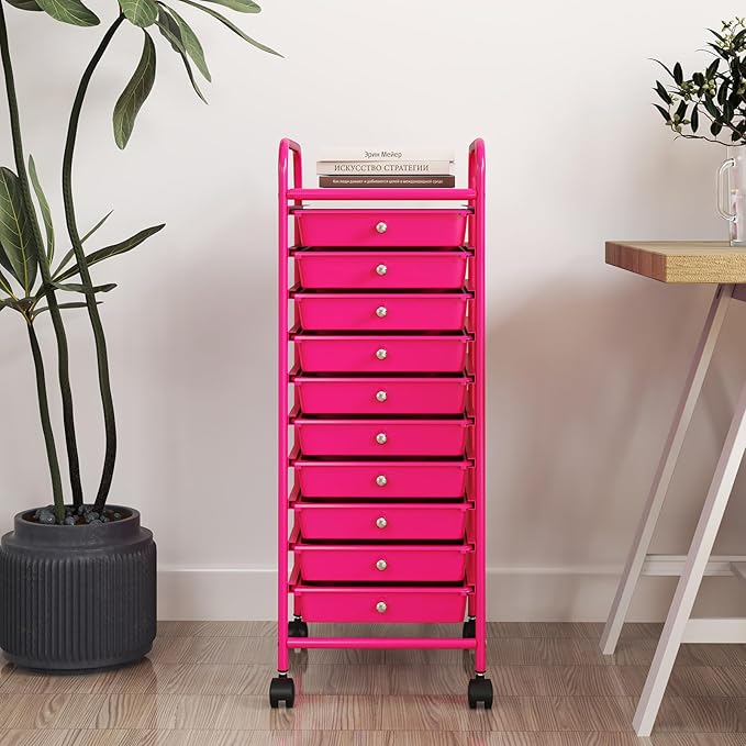 RELAX4LIFE 10 Drawer Rolling Cart - Slim Storage Cart w/Lockable Wheels for Classroom School Teacher Office, Art Supplies Paper Scrapbook Craft Organizers, Utility Cart with Drawers (Pink)