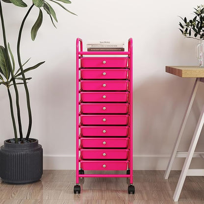 RELAX4LIFE 10 Drawer Rolling Cart - Slim Storage Cart w/Lockable Wheels for Classroom School Teacher Office, Art Supplies Paper Scrapbook Craft Organizers, Utility Cart with Drawers (Pink)