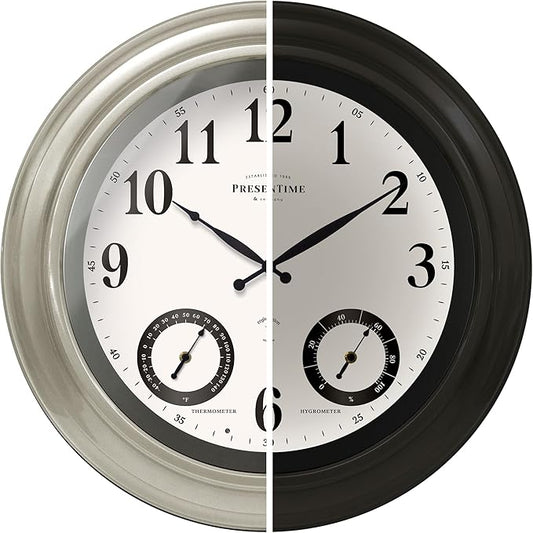 Presentime & Co 24" Jameson Illuminated in/Outdoor Clock, Modern Farmhouse, Self-Illuminated, Waterproof, Weather Station (Thermometer & Hygrometer), Metal Clock, Morning Silver. (Night Light)