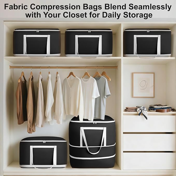 Comforter Storage Bag - 120L Bedding Storage Bags for Moving Closet, Washable Blanket Storage Bag, Ultra Space Saving Self Compression Organizer, 2-Pack, Black