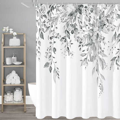Gibelle Extra Long Shower Curtain 72 x 84, Grey Floral Shower Curtain for Bathroom, Watercolor Plant Eucalyptus Leaves Fabric Shower Curtain Set