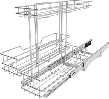2 Tier Under Sink Organizer 11"W X18"D, Pull Out Cabinet Organizer One Removable Basket, Under Sink Slide Out Chrome Plated, Under Kitchen Bathroom Sink Organizer, 1 Pack
