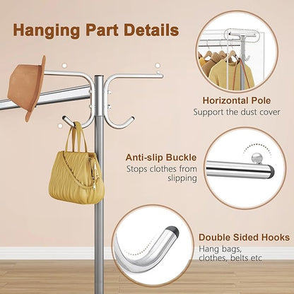 Hoctieon Z Clothes Rack with Cover, Metal Heavy Duty Clothing Rack, Rolling Garment Rack with Wheels, with Dustproof Cover Waterproof Protector, with 2 Durable Zippers, for Hanging Clothes, Grey