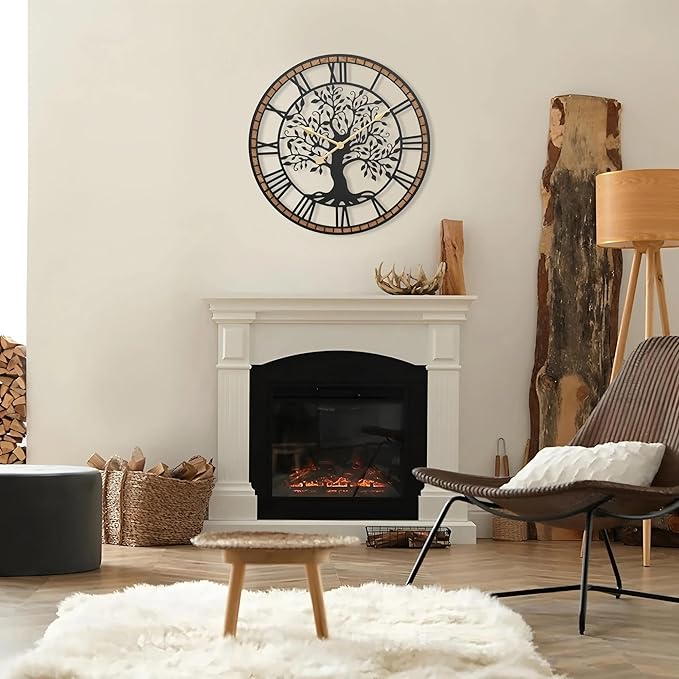 Micasso Non-Ticking Oversize Wall Clock: 32Inch Tree of Life Metal Black with Solid Wood Frame - Silent Battery Operated Clock for Living Room/Fireplace/High-Ceiling - Home Decor for Housewife