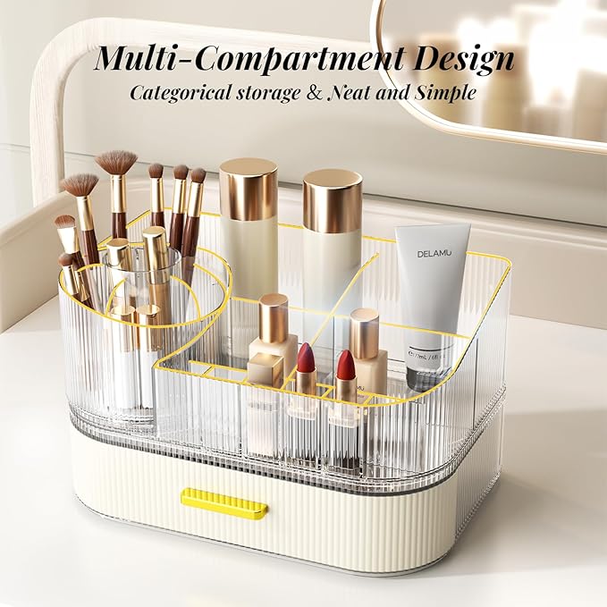 Delamu Makeup Organizer for Vanity with Stackable Drawers, 360 Rotating Makeup Brush Holder Large Cosmetic Display Case, Bathroom Skincare Storage, Elegant White, Ideal Christmas Gifts for Girls