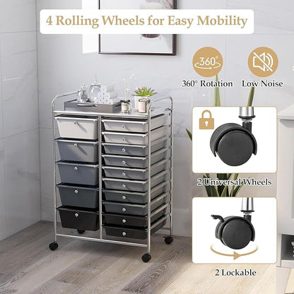 LDAILY 15 Drawer Rolling Storage Cart, Rolling Cart with Drawers for Classroom, Art Supply Craft Organizer on Wheel with Metal Frame & Handles for Home Office School