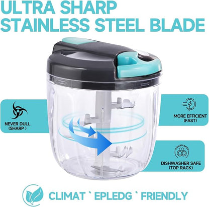 Manual Food Processor Vegetable Chopper, Portable Hand Pull String Garlic Mincer Onion Cutter for Veggies, Ginger, Fruits, Nuts, Herbs, etc., （900ml,Gray-blue）