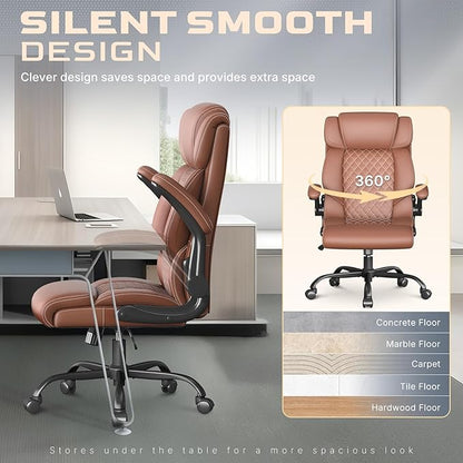 Office Chair-Executive High Back Breathable Comfy Desk Chair with Flip-up Armrests Lumbar Support-Ergonomic Leather Rolling Swivel Chair with Rock Function for Working Studying Gaming