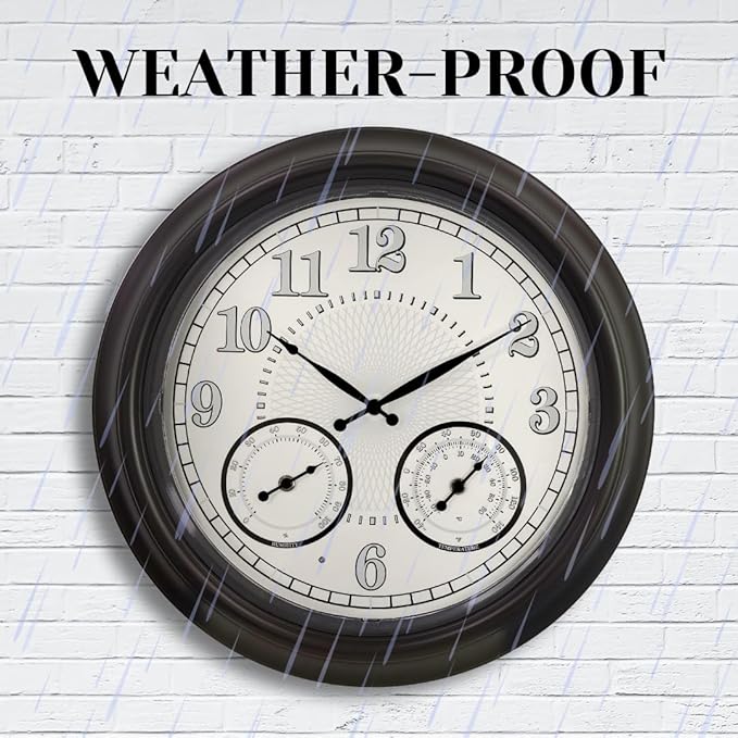 Illuminated Large Outdoor Clock - 18 inch Indoor Outdoor Night Light Wall Clock with Smart LED Sensor, Temperature and Humidity Combo - Weatherproof & Easy to Read for Pool, Patio & Home Decor