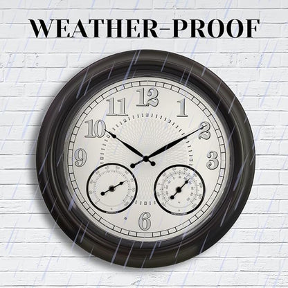 Illuminated Large Outdoor Clock - 18 inch Indoor Outdoor Night Light Wall Clock with Smart LED Sensor, Temperature and Humidity Combo - Weatherproof & Easy to Read for Pool, Patio & Home Decor