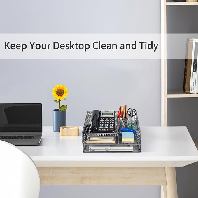 Phone Stand for Desk with 2 Pen Holder, Metal Mesh Desk Organizer with Telephone Holder, 3 Tier Office Storage Desktop Organizer for Workspace, Home, School, Silver