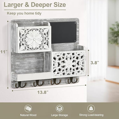 Mail Organizer Wall Mounted, 2 Slots Key Holder for Wall with 8 Hooks, Rustic Wood Key Rack with Shelf for Entryway Hallwall Farmhouse