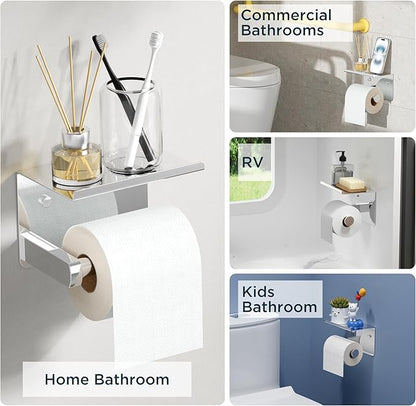 Toilet Paper Holder with Shelf, Adhesive or Screw Wall Mount Toilet Paper Roll Holder for Bathroom, Rustproof 304 Stainless Steel Toilet Roll Tissue Holder Dispenser with Phone Shelf (2, Chrome)