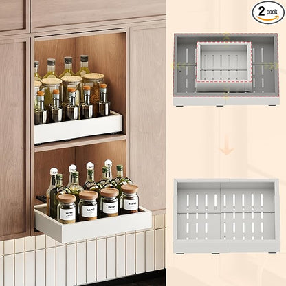 2Pc Pull out Cabinet Organizer,Width (11"-18") and Depth(10"-13"),Expandable With 3 Rails,Cabinet Roll out Drawers,Adjustable Slide out shelves for Kitchen and Pantry,for Cabinets Without Lip,White