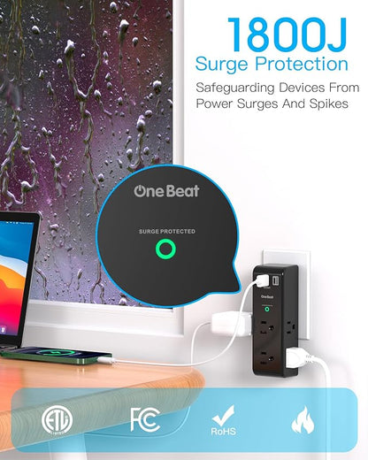 Surge Protector Outlet Extender, Rotating Plug, PD 20W, 6 AC Multi Plug Outlet with 3 USB Ports (2 USB C), 1800 Joules 3-Sided Swivel Power Strip with Spaced Outlet Splitter for Home Office Dorm - BK