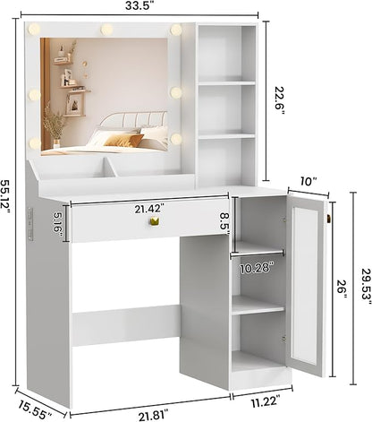 Makeup Vanity with Mirror and Lights, 34'' Wide Dressing Table & RGB Glass Cabinet, Small Vanity Desk with 3 Color Lighting Modes & Adjustable Brightness, White