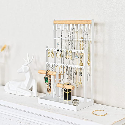 ProCase Jewelry Organizer Stand Necklace Organizer Earring Holder, 6 Tier Jewelry Stand Necklace Holder with 15 Hooks, Jewelry Tower Display Rack Storage Tree for Bracelets Earrings Rings -White