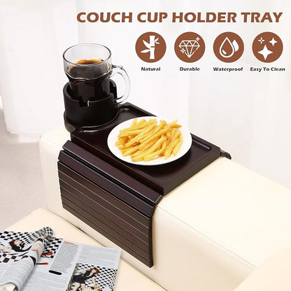 GHKINMAL Couch Cup Holder Tray, 3 in 1 Large Couch Arm Trays,Bamboo Chair Clip on Tray with 360° Ratated Phone Cup Holder for Couch,Snacks,Remote,Phone-Black Walnut