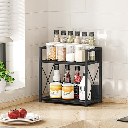 Giikin Countertop Organizer, 2 Tier Coffee Station Organizer for Desktop, Wood Counter Shelf Spice Rack for Kitchen (Black, M)