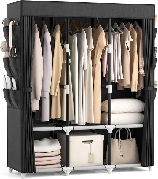 VTRIN Portable Closet for Hanging Clothes 52 Inch Wide Portable Wardrobe Closet with Cover, 6 Storage Shelves and 3 Hanging Rod, Diameter 19mm Metal Pipe, Sturdy Closet for Bedroom, Black
