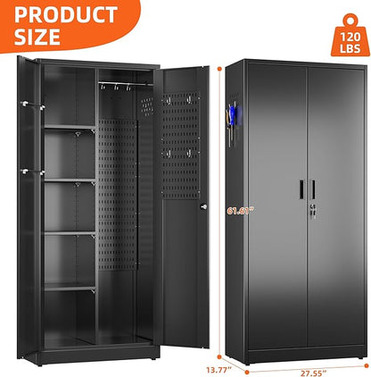 Aobabo Broom Closet Storage Cabinet, Lockable Garage Storage Cabinet for Home Garage, 61.61" H×27.55" W×13.77" D, Assembly Required, Black