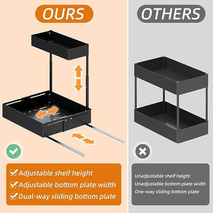 Henyol 2Packs Under Sink Organizer with Adjustable Height and Width, Under Cabinet Organizer to Tidy, Sturdy Metal Design for Kitchen and Bathroom