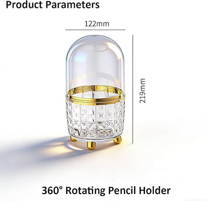 360° Rotating Pencil Holder for Desk, Makeup Brush Holder with 6 Slots, Desk Organizer for Writing Utensil, Office and School Supplies (Clear with cover)