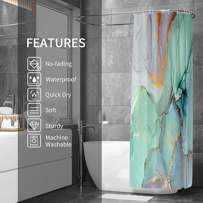 Gibelle Abstract Marble Shower Curtain, Blue Green Purple Jade Texture Gold Stripes Ombre Watercolor Paint, Modern Ink Art Decor Waterproof Fabric Curtain for Bathroom Set, 71x71