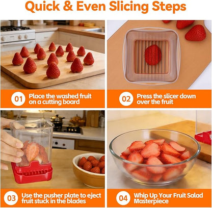 Fruit Slicer Cup for Strawberry, Banana, Hard-Boiled Egg - Detachable Cutter with Push Plate - Rapid & Safe Slicing Kitchen Gadget for Quick Meal Prep (Red)