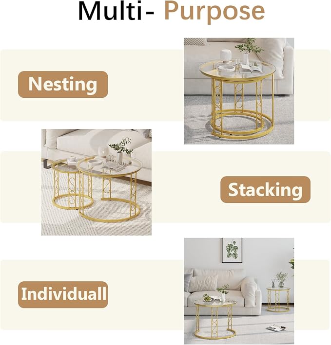 Garden 4 you Nesting Coffee Table, 23.6" Round Coffee Table Set of 2, Glass Nesting Table with Metal Frame, Ceter Tables for Living Room Bedroom Balcony, Gold