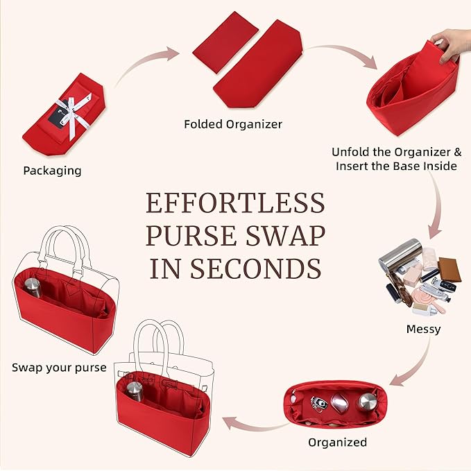 Purse Organizer Insert, Satin Tote Bag Organizer with 8 Sizes, Handbag Dividers for Inside Purse, Compatible with Longchamp, Neverful, 25C Hobo and More Bags（X-Large,Ruby）