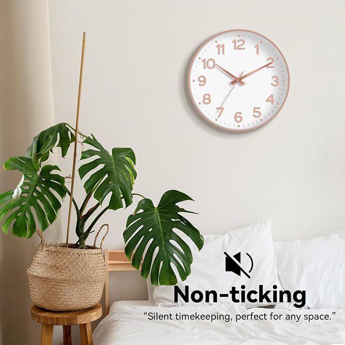 Roymnie Wall Clock, Silent Wall Clocks Battery Operated 8 Inch-Modern Non Ticking Analog Clock Decorative for Kitchen Office Bathroom Bedroom(White Rose Gold)