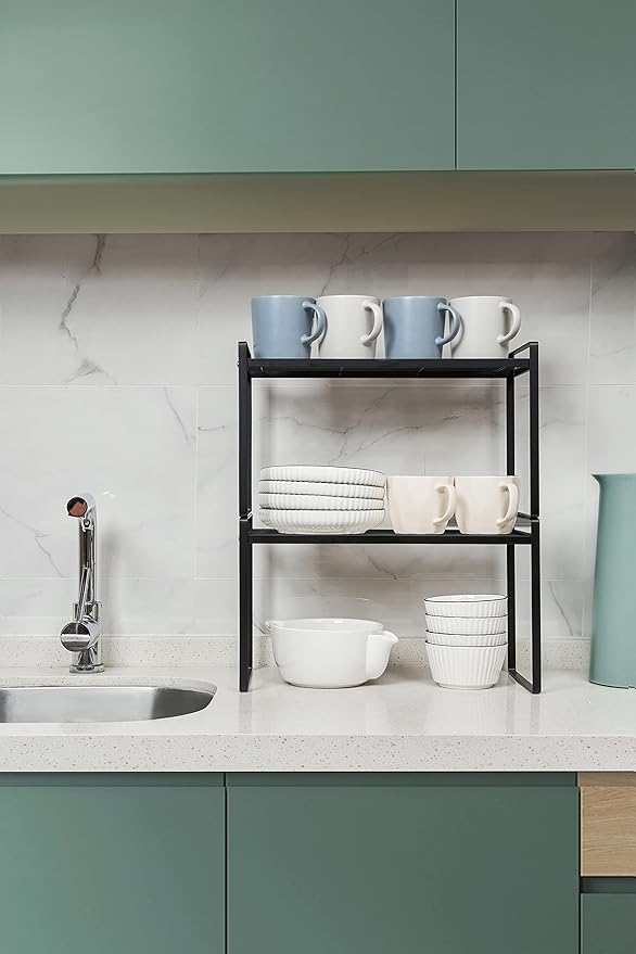 Shantton 2Pack Cabinet Shelf Organizer Storage Rack Space Saving for Kitchen Counter Pantry Bathroom Cupboard Under Sink Office Table Steel Stackable Rust Resistant Heavy Duty Nonslip 16” Black - Tall