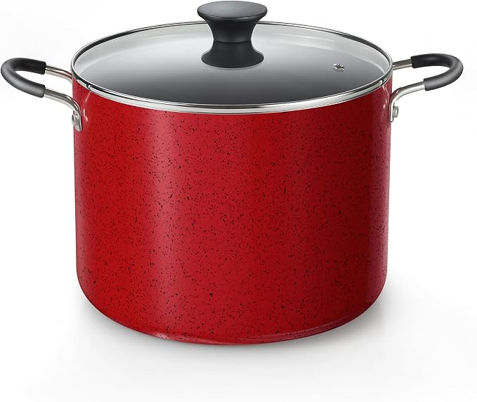 Cook N Home Professional 10.5 Quart Nonstick Stock Pot with Lid, Riveted Handles, Big Soup Pot for Holiday Feasts, Stockpot with Even Heating, Induction Cookware, Oven & Dishwasher Safe, Marble Red