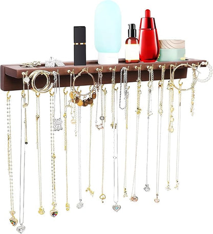 YYILIS Necklace Holder, Upgraded Extra Large Wall Necklace Organizer with 30 Hooks Wall Mounted Necklace Hanger with Jewelry Tray/Cosmetics Shelf Rustic Pine Wood Holder (Walnut)