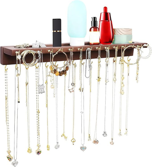 YYILIS Necklace Holder, Upgraded Extra Large Wall Necklace Organizer with 30 Hooks Wall Mounted Necklace Hanger with Jewelry Tray/Cosmetics Shelf Rustic Pine Wood Holder (Walnut)