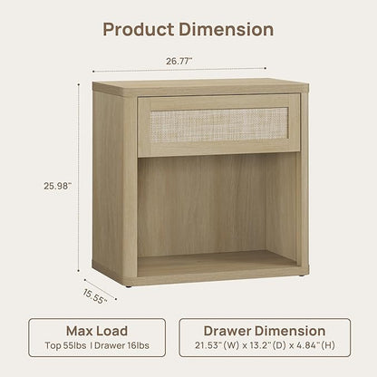 SICOTAS Night Stand 26" Wide Large Nightstands with Drawer & Shelf Storage Rattan Bedside Table Boho End Table Tall Bed Side Tables Night Stands for Bedroom Living Room Sofa Office Dorm, Sand Oak