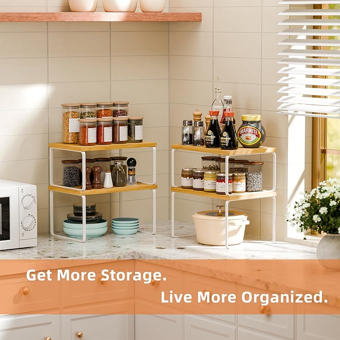 Ekisemio Kitchen Cabinet Organizer, Bamboo Spice Rack Organizer for Cabinet, Stackable & Expandable Counter Shelves, Set of 4, White and Natural