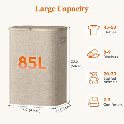 Lifewit 85L Laundry Basket with Lid, Large Laundry Hamper with Plastic Handles and Removable Bag, Foldable Tall Dirty Clothes Hampers for Laundry for Laundry Room, Bedroom, Bathroom, Dorm, Beige