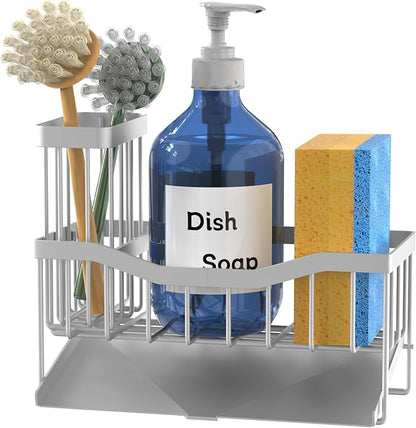 Maifan Sink Caddy Sponge Holder for Kitchen with Brush Holder and Stainless Steel Self Drain Tray, Rustproof Kitchen Sink Organizer for Sponge, Soap Dispenser Storage Accessories (Lacquer Silver)